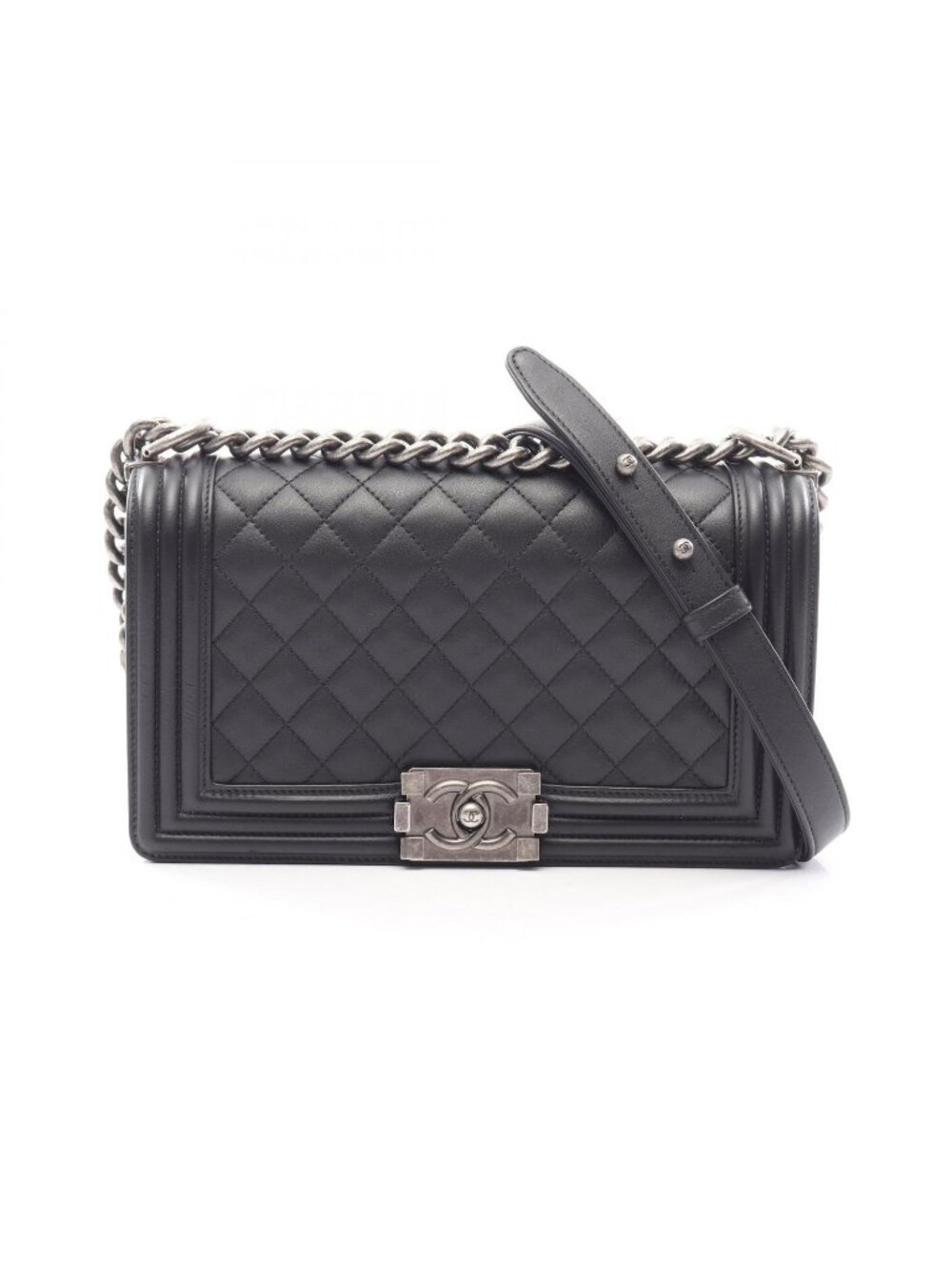 Chanel Shoulder Bag Boy Antique Silver Black Lambskin Boy Chain